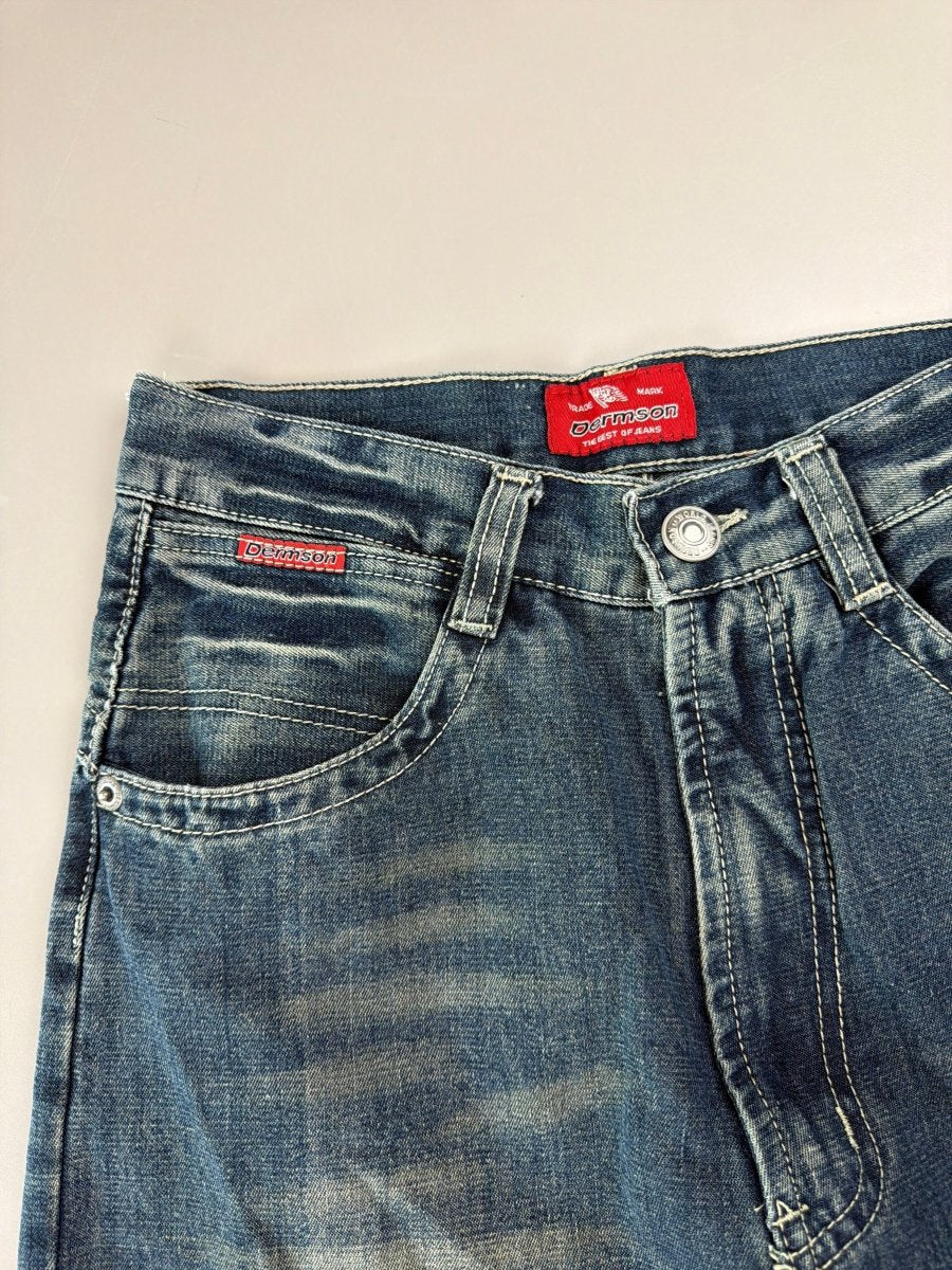 Dermson "Blaze" Embroidered Wide Leg Jeans - Cyber Y2K Flame Denim - Past Pieces