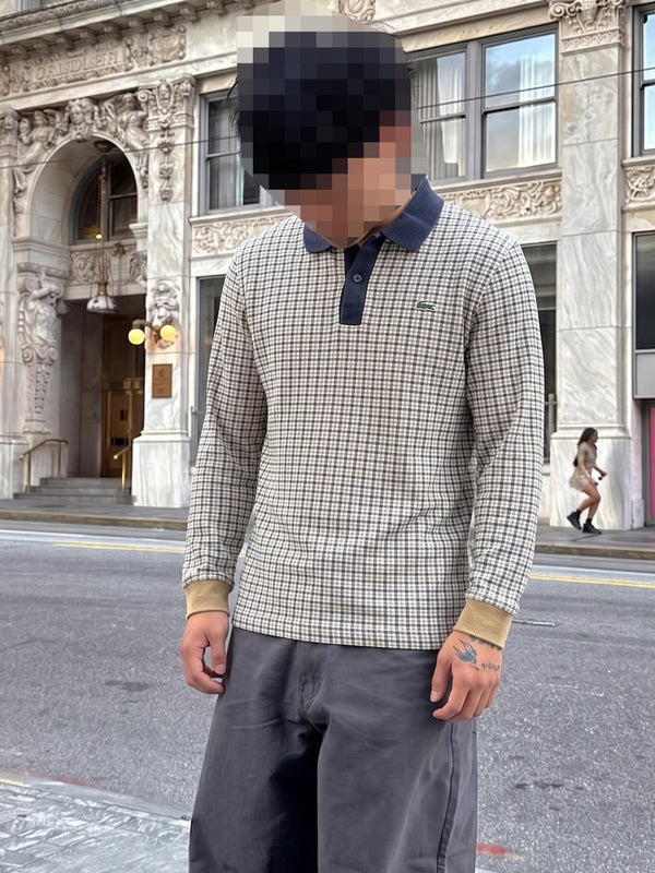 Lacoste L!VE Archive "Checkered" Longsleeve Polo - Navy & Beige