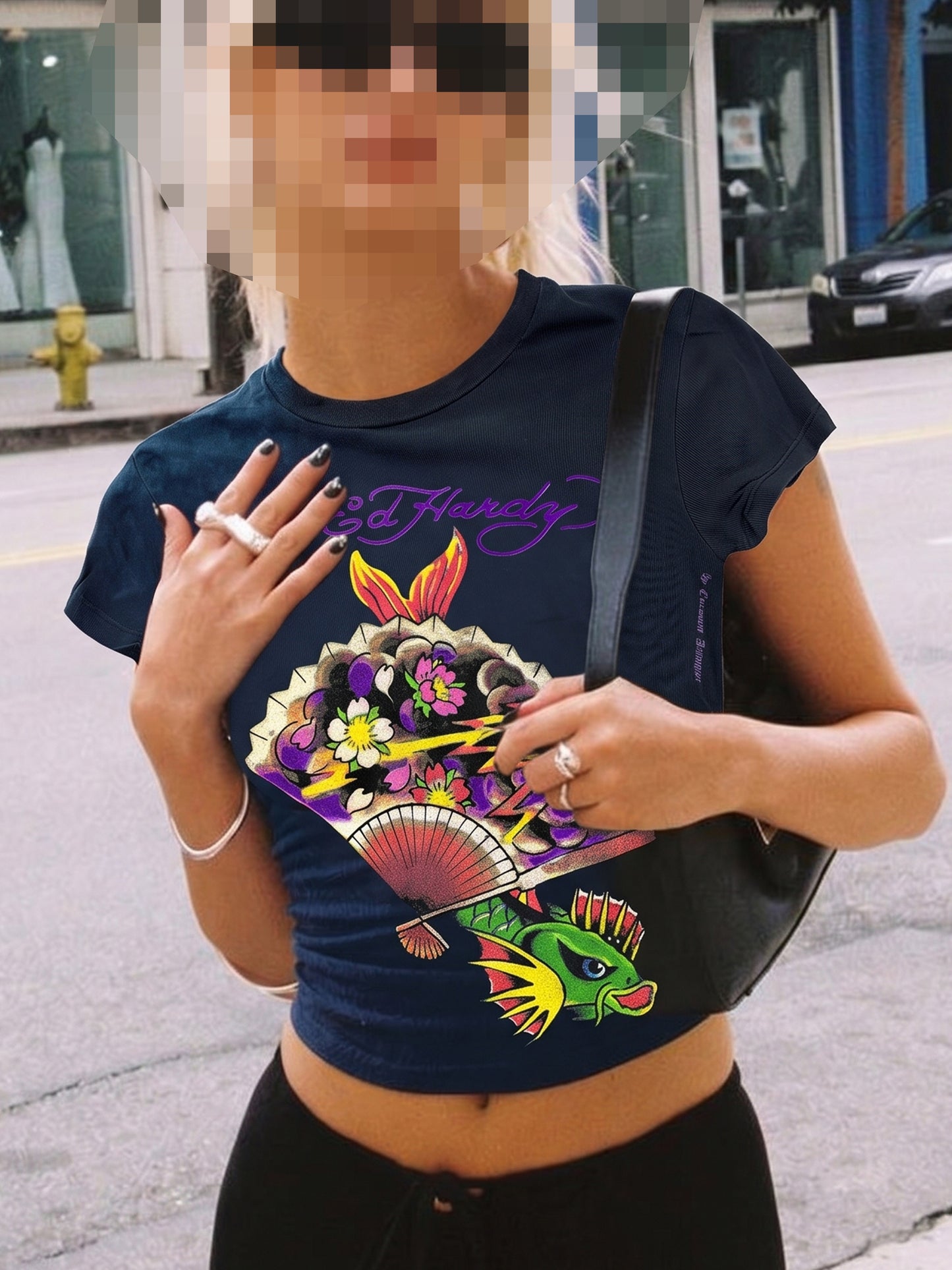 Ed Hardy by Christian Audigier "Koi Fan" Baby Tee - Black Y2K Aesthetic