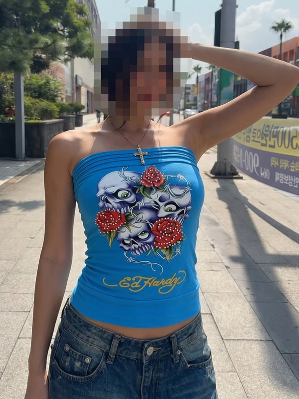 Ed Hardy Archive "Skull & Roses" Rhinestone Tube Top - Cyan Blue