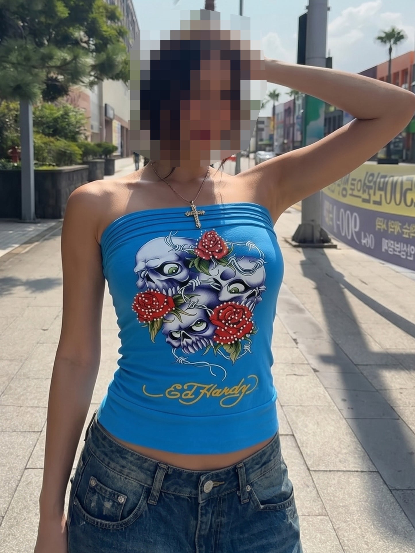 Ed Hardy Archive "Skull & Roses" Rhinestone Tube Top - Cyan Blue