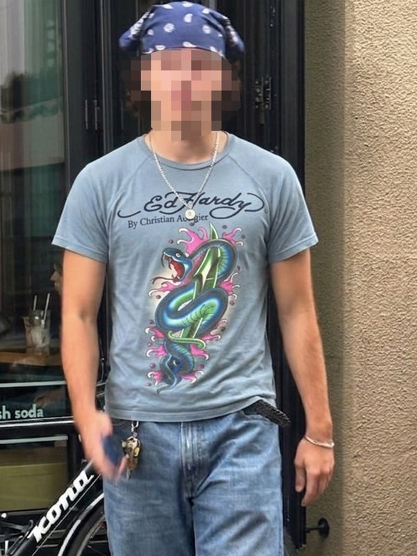 Ed Hardy by Christian Audigier "Venomous Dagger" Tattoo Tee - Dusty Blue Y2K Indie Sleaze