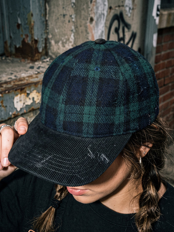 Vintage Plaid & Corduroy Strapback Cap - Dark Green / Navy / Black