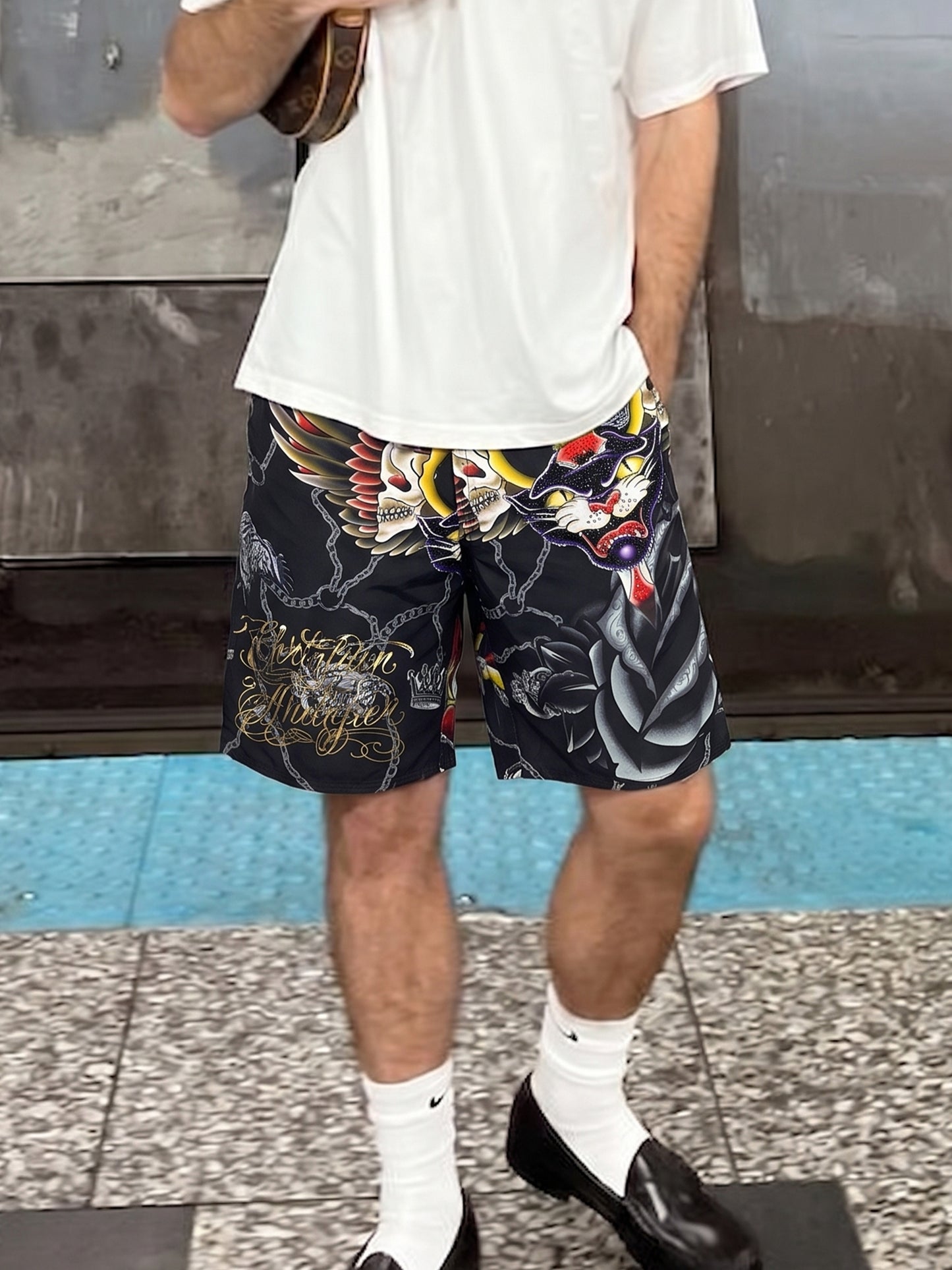 Christian Audigier Archive "Rhinestone Panther & Skulls" Shorts - Black Multicolor Y2K
