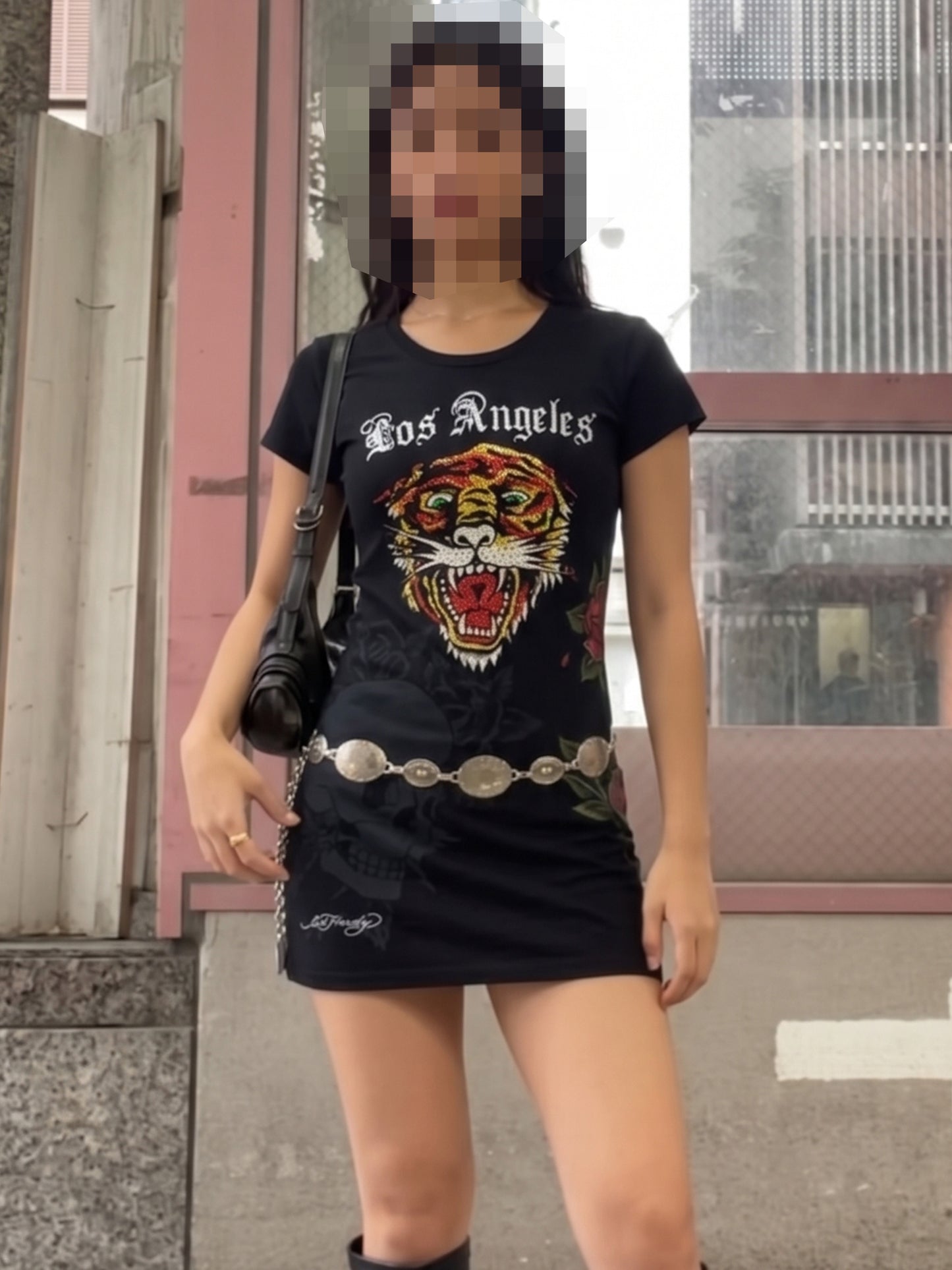 Ed Hardy Archive "Los Angeles Rhinestone Tiger" Longline Shirt - Black Cyber Y2K