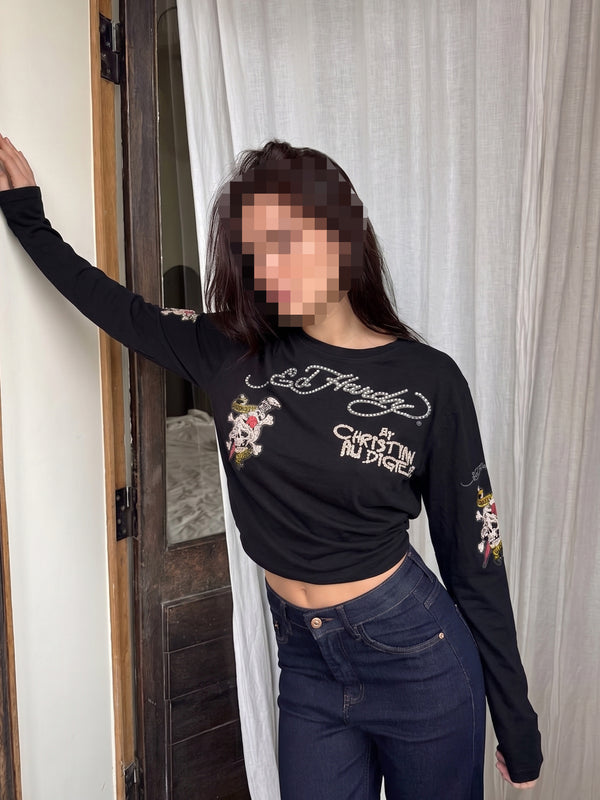 Ed Hardy "Death or Glory" Rhinestone Longsleeve - All Black Cyber Gothic