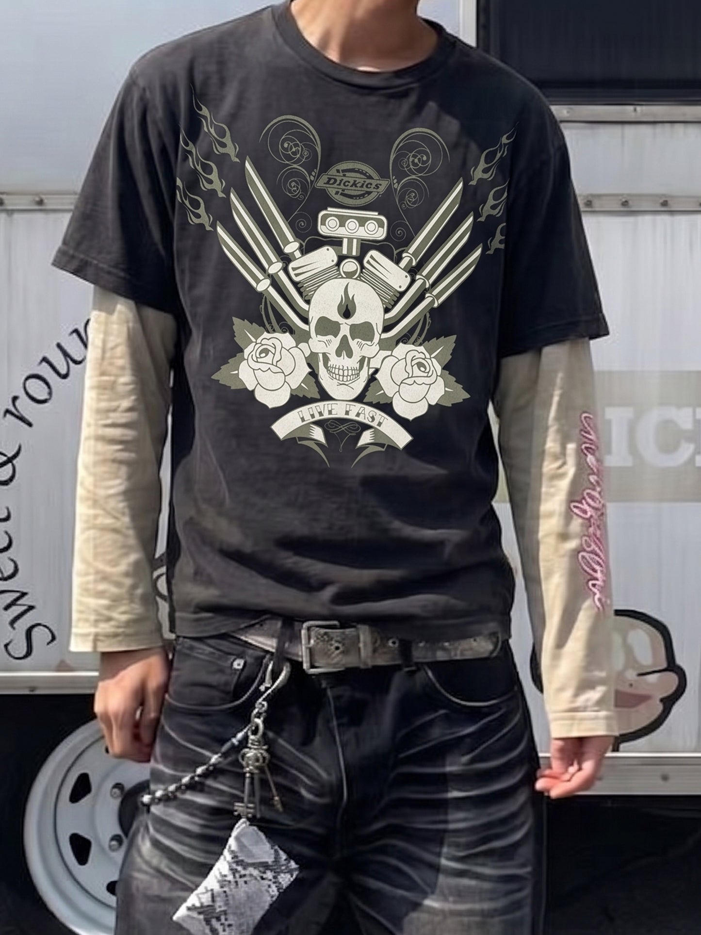 Dickies "Live Fast" Moto Skull Graphic Tee - Faded Black Cyber Y2K