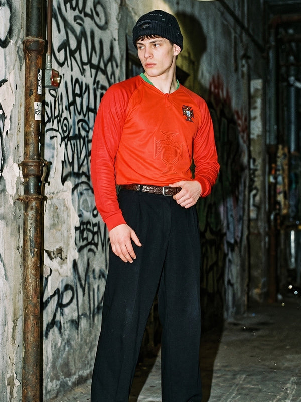Portugal FPF Embossed Crest Henley Longsleeve Trikot - Y2K Bloke-Core Red