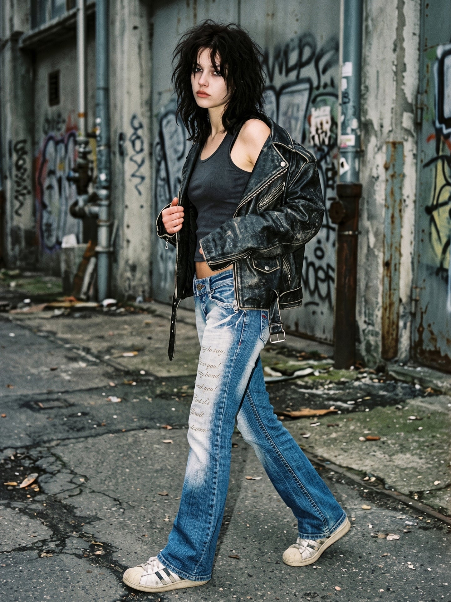 Crazy Age Y2K Statement Print Low Waist Flare Denim - Bleached Blue