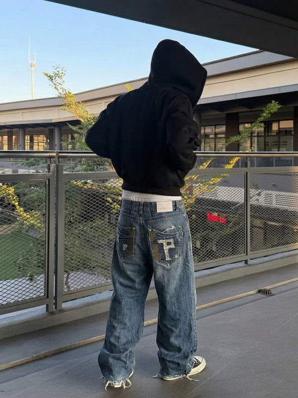 Xight "Cyber-P" Distressed Baggy Jeans – Faded Blue Grunge