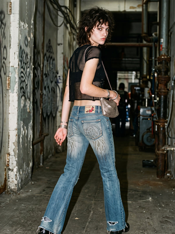 Crazy Age Vintage Low Waist Distressed Tribal Print Flare Jeans - Faded Blue