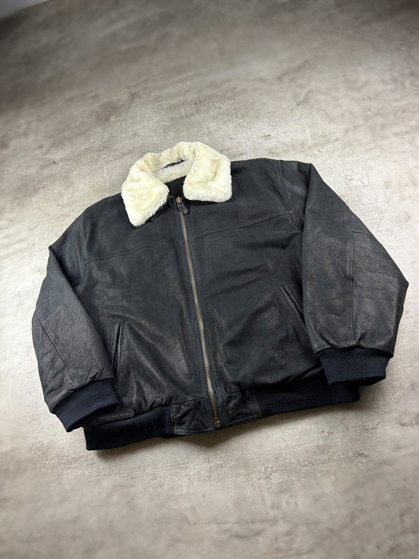 Vintage Leather Shearling Collar Bomber Jacket - Black / Cream Oversized