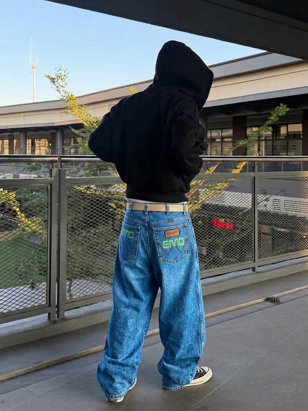 Wrangler "Texas 1947" Custom EMO Graphic Denim - Neon Green Cyber Blue