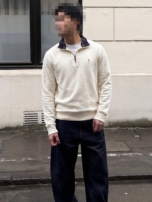Ralph Lauren Vintage Preppy Half-Zip Sweatshirt - Off-White / Tartan Plaid Collar