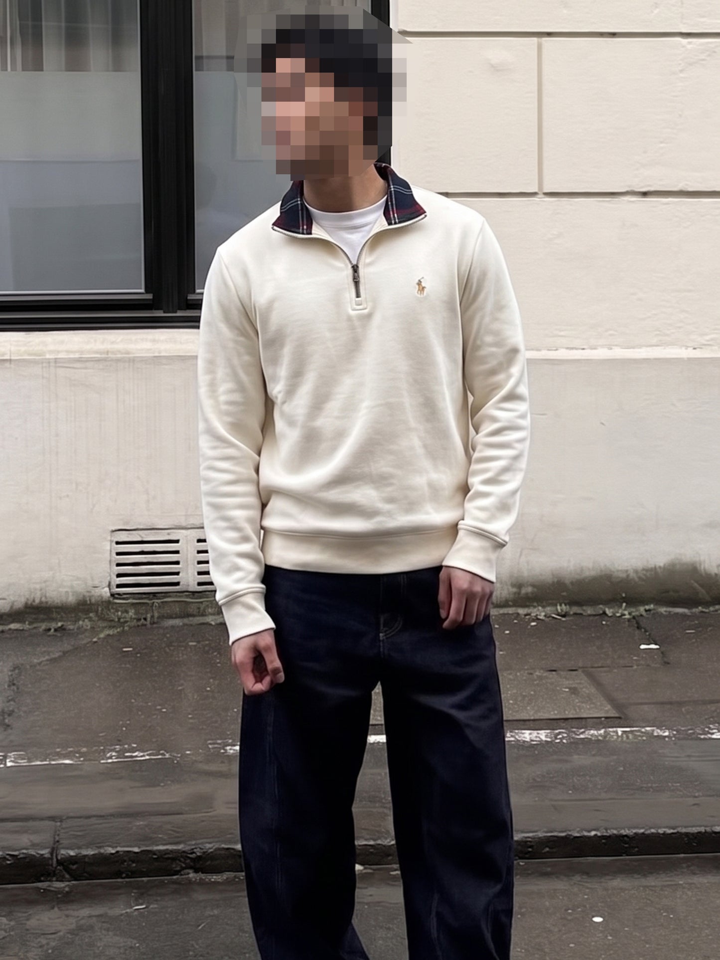Ralph Lauren Vintage Preppy Half-Zip Sweatshirt - Off-White / Tartan Plaid Collar