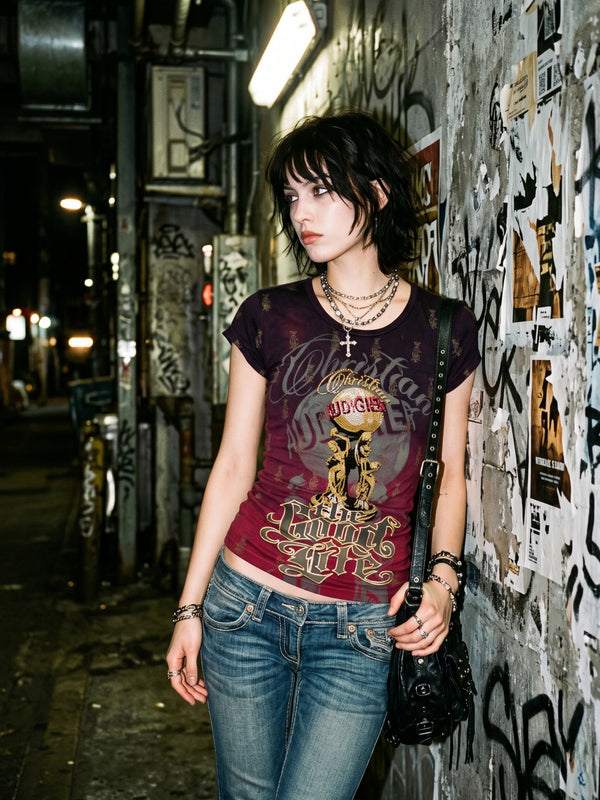 Christian Audigier "The Good Life" Rhinestone Graphic Tee - Burgundy / Multicolor