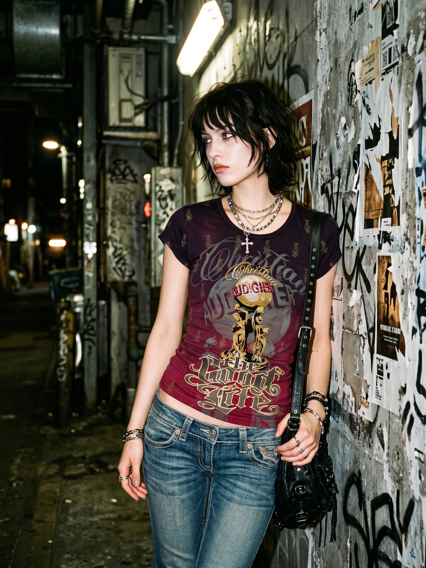 Christian Audigier "The Good Life" Rhinestone Graphic Tee - Burgundy / Multicolor