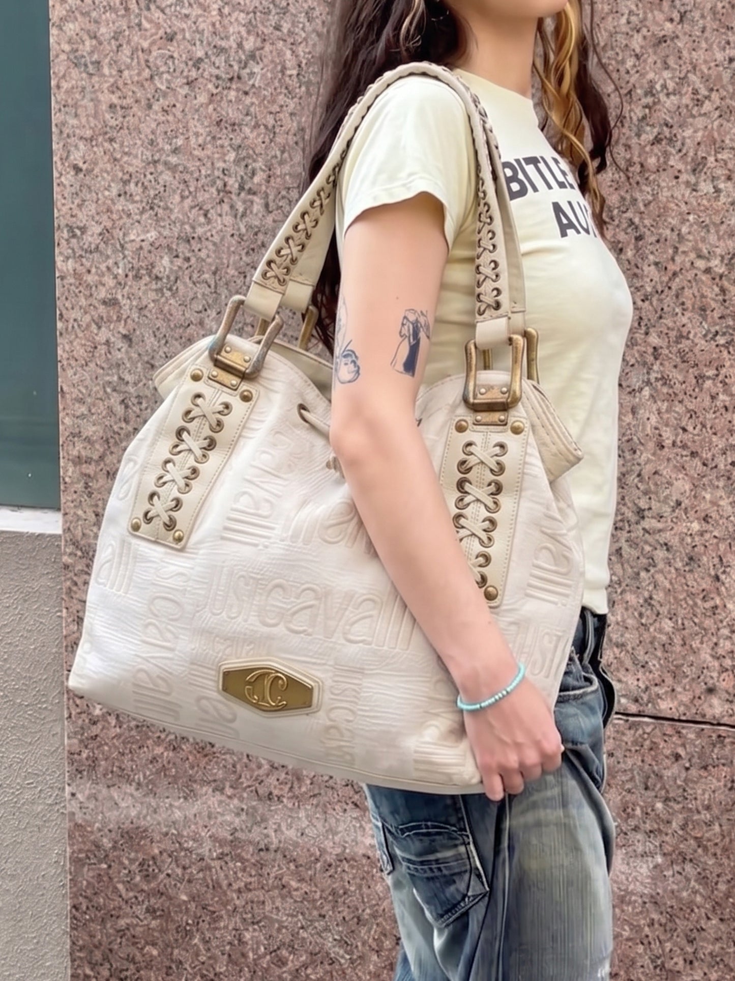 Just Cavalli Archive Monogram Lace-Up Shoulder Bag - Off-White / Cream