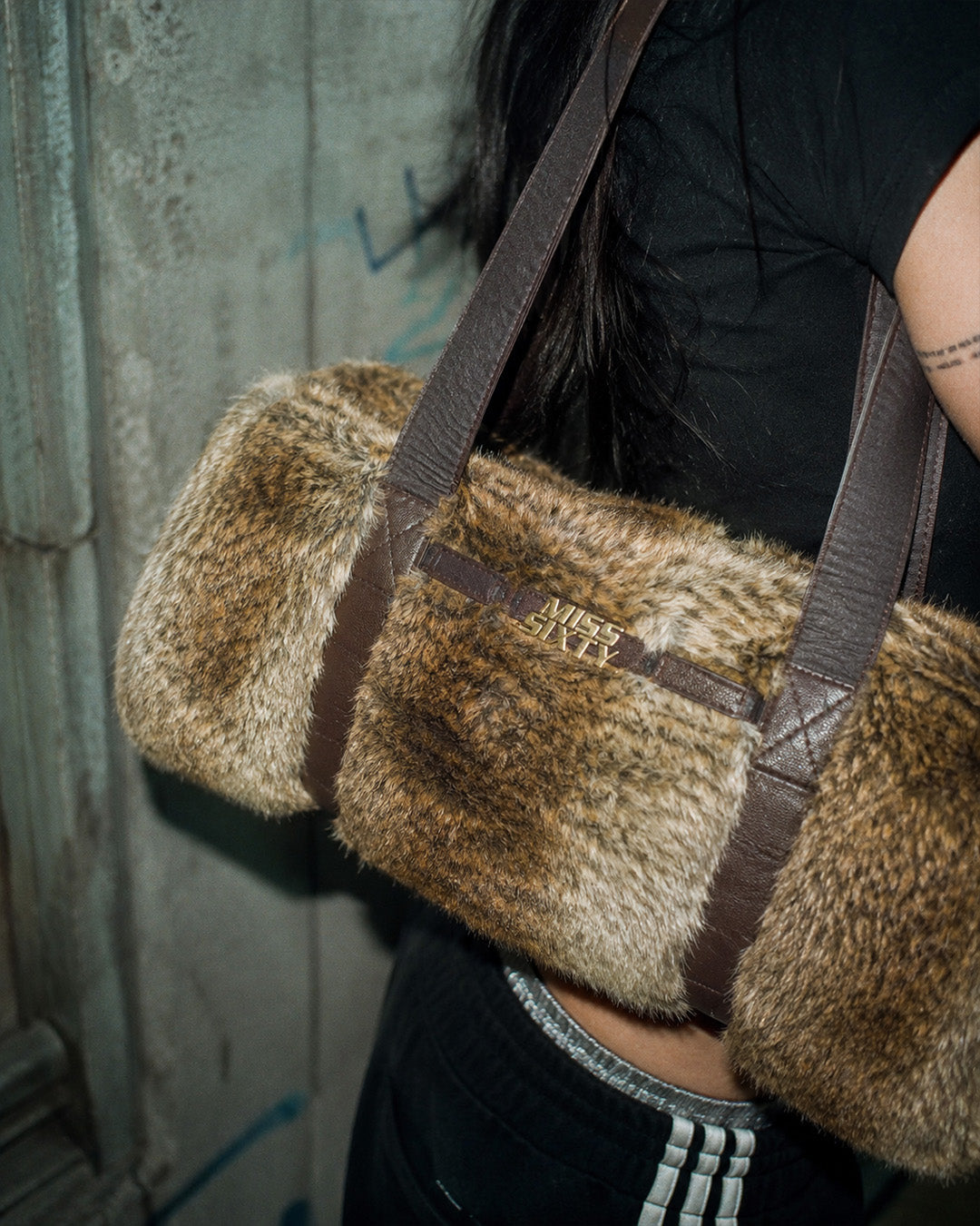 Miss Sixty Vintage Y2K Faux Fur Barrel Bag - Brown / Tiger Pattern