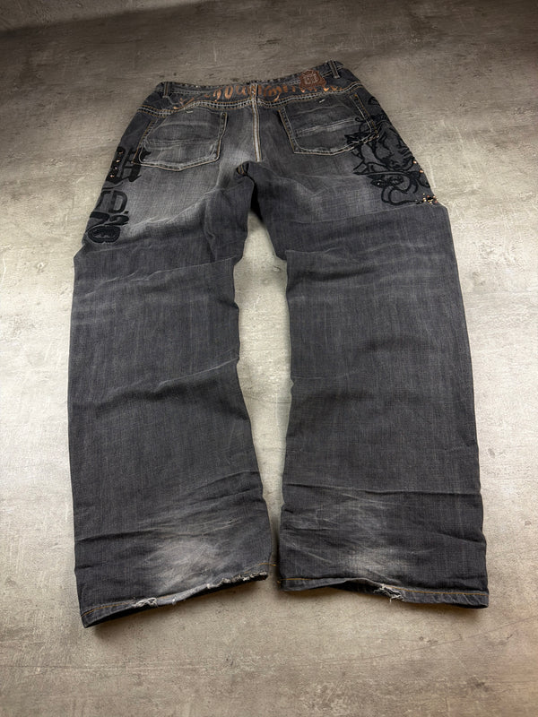 Ecko Unltd. Y2K Baggy Embroidered Rhinestone Denim - Washed Black / Grey