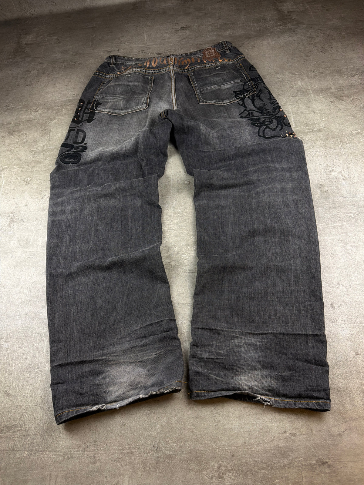 Ecko Unltd. Y2K Baggy Embroidered Rhinestone Denim - Washed Black / Grey - Past Pieces