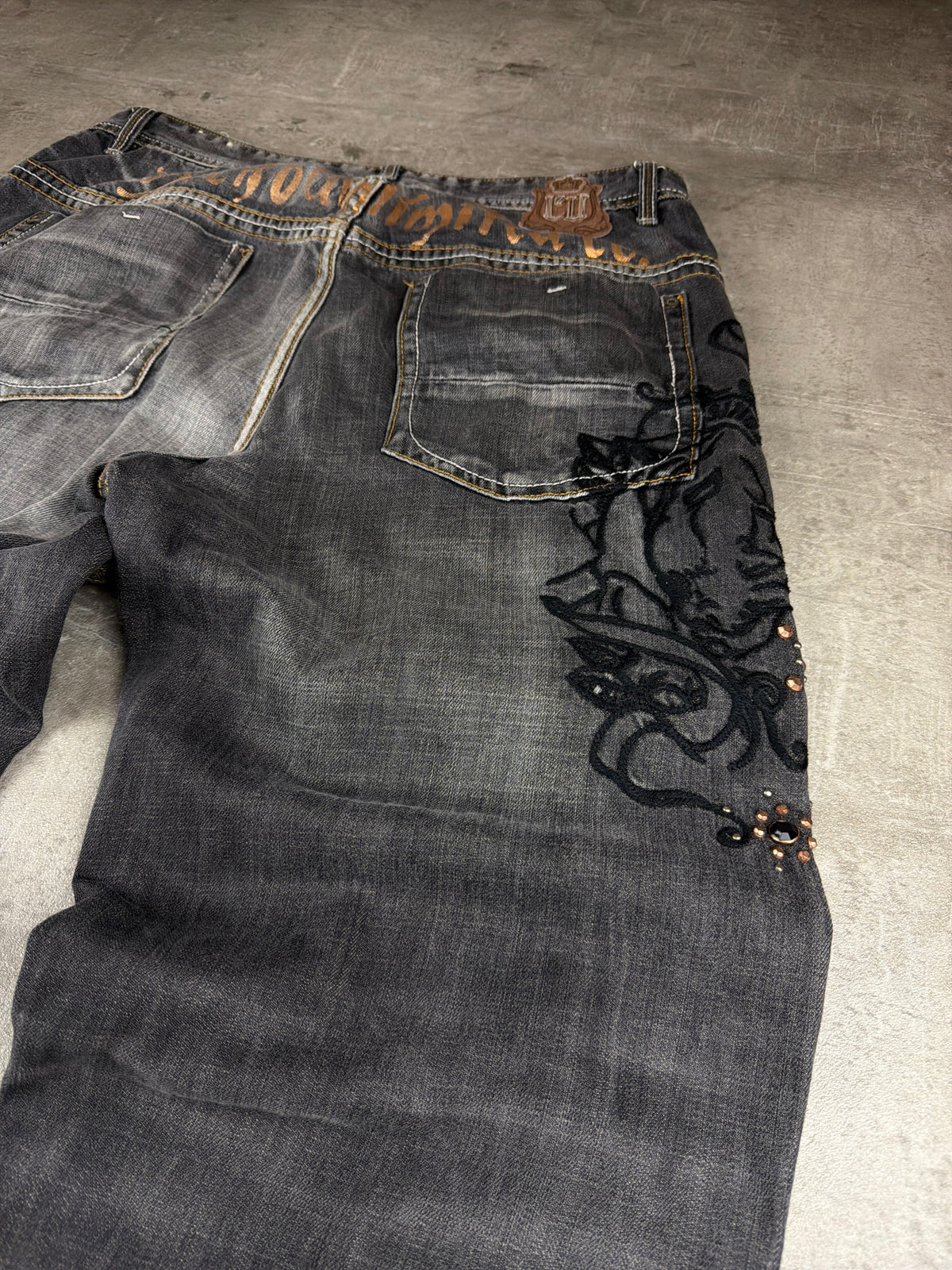 Ecko Unltd. Y2K Baggy Embroidered Rhinestone Denim - Washed Black / Grey - Past Pieces