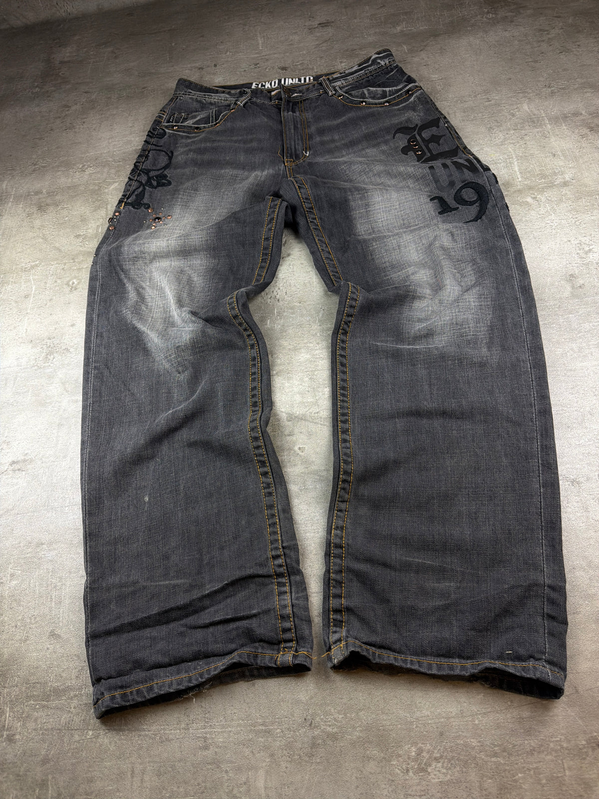 Ecko Unltd. Y2K Baggy Embroidered Rhinestone Denim - Washed Black / Grey - Past Pieces