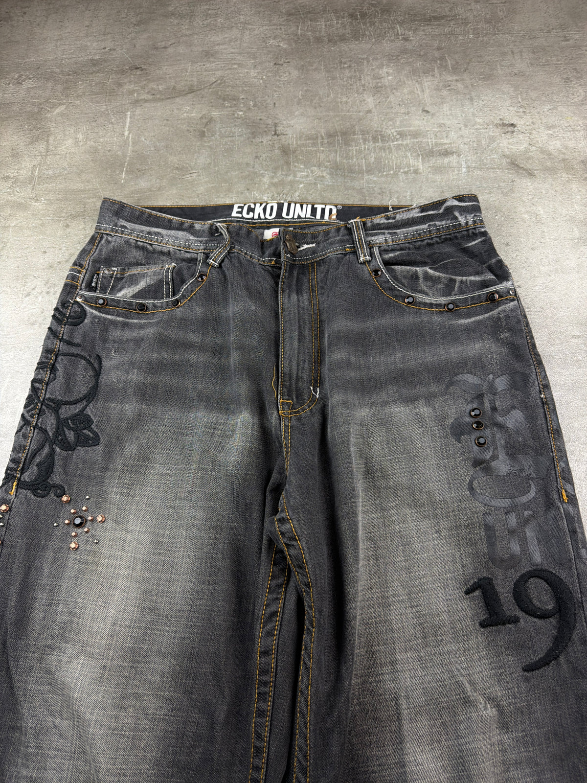 Ecko Unltd. Y2K Baggy Embroidered Rhinestone Denim - Washed Black / Grey - Past Pieces