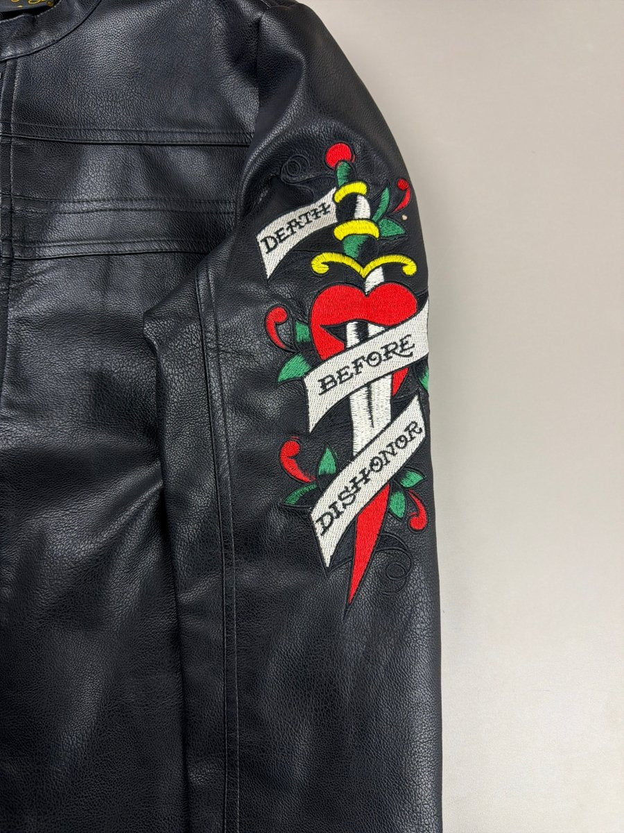 Ed Hardy Archive "Death or Glory" Embroidered PU Biker Jacket - Black - Past Pieces