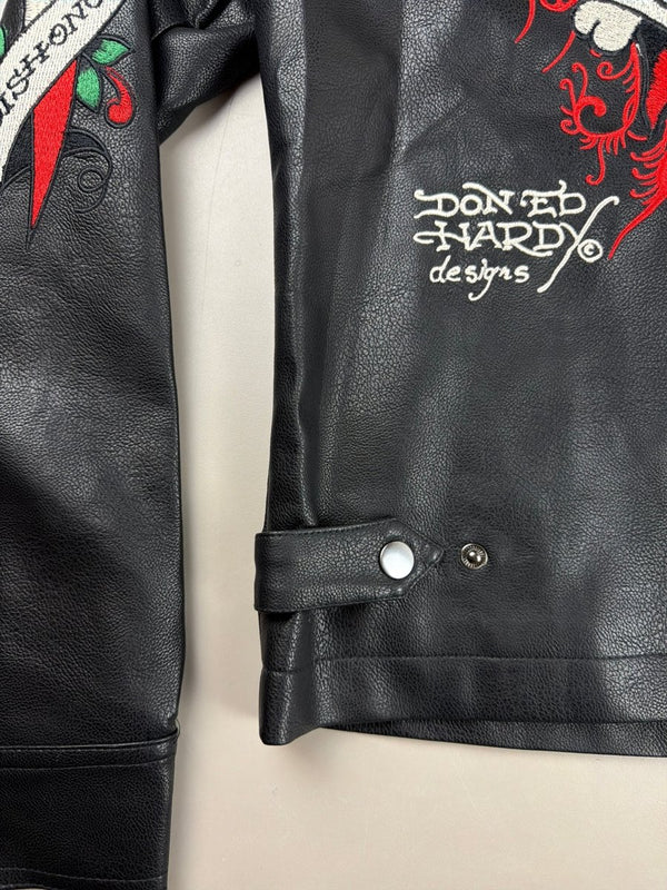 Ed Hardy Archive "Death or Glory" Embroidered PU Biker Jacket - Black