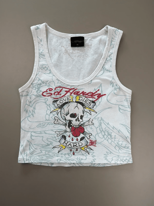 Ed Hardy Archive "Love Dies Hard" Cropped Tank Top - White / Multicolor