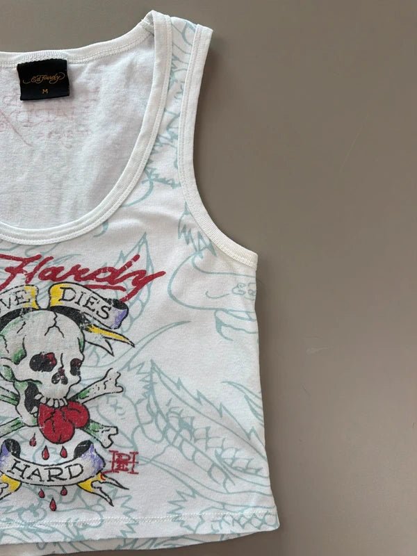 Ed Hardy Archive "Love Dies Hard" Cropped Tank Top - White / Multicolor