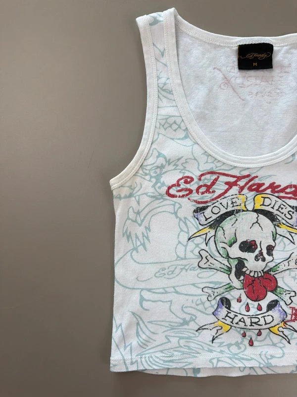 Ed Hardy Archive "Love Dies Hard" Cropped Tank Top - White / Multicolor
