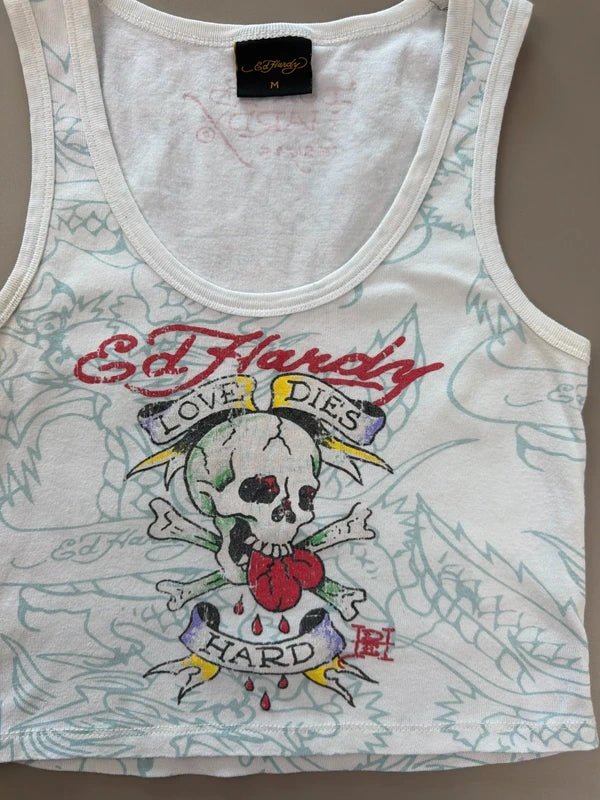 Ed Hardy Archive "Love Dies Hard" Cropped Tank Top - White / Multicolor