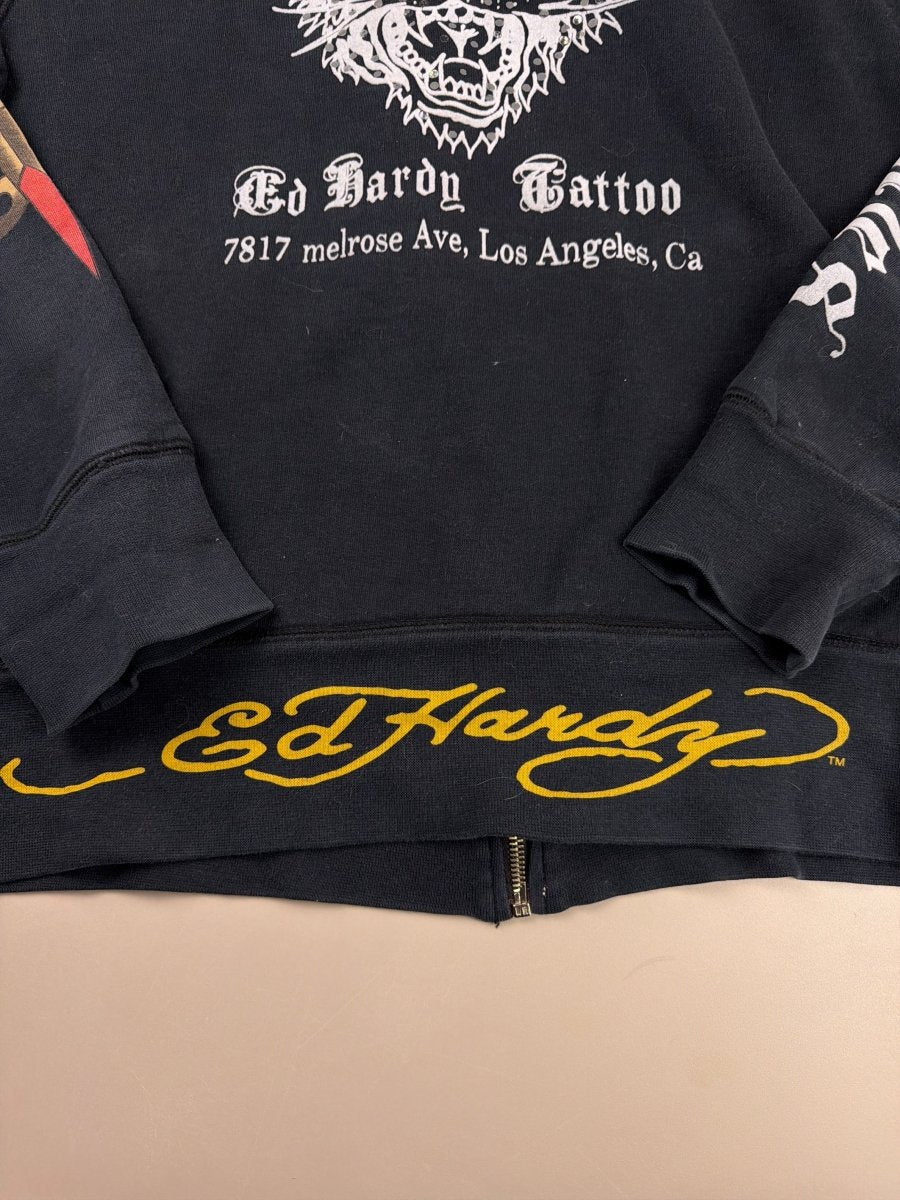 Ed Hardy Archive Rhinestone Tiger & Skull Zip - Up Hoodie - All Black - Past Pieces
