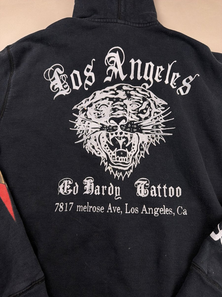 Ed Hardy Archive Rhinestone Tiger & Skull Zip - Up Hoodie - All Black - Past Pieces