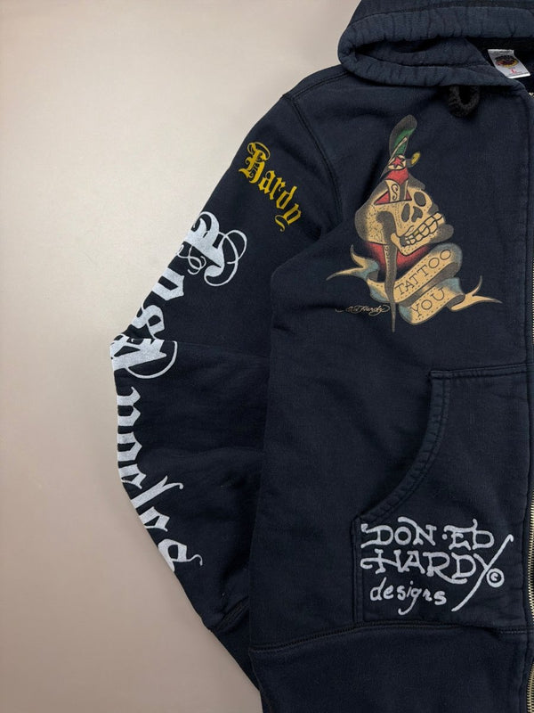 Ed Hardy Archive Rhinestone Tiger & Skull Zip-Up Hoodie - All Black