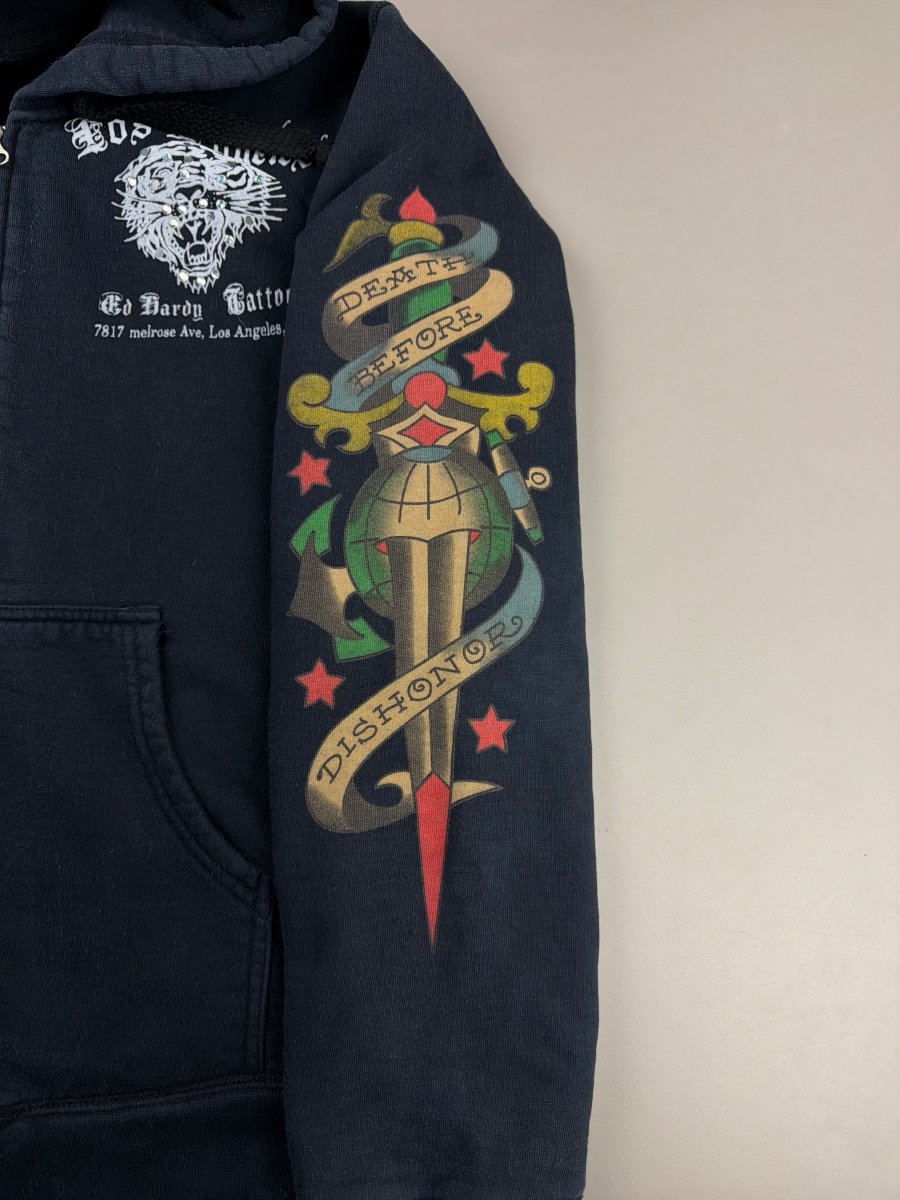 Ed Hardy Archive Rhinestone Tiger & Skull Zip - Up Hoodie - All Black - Past Pieces