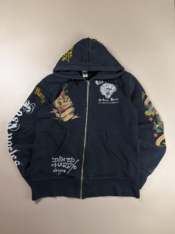 Ed Hardy Archive Rhinestone Tiger & Skull Zip-Up Hoodie - All Black
