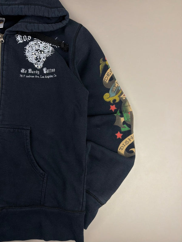 Ed Hardy Archive Rhinestone Tiger & Skull Zip-Up Hoodie - All Black