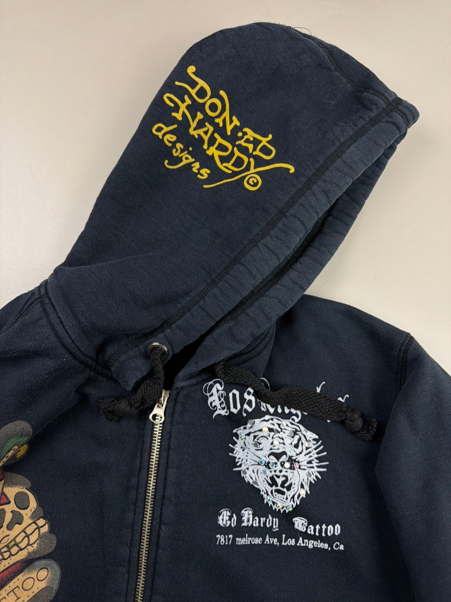 Ed Hardy Archive Rhinestone Tiger & Skull Zip - Up Hoodie - All Black - Past Pieces
