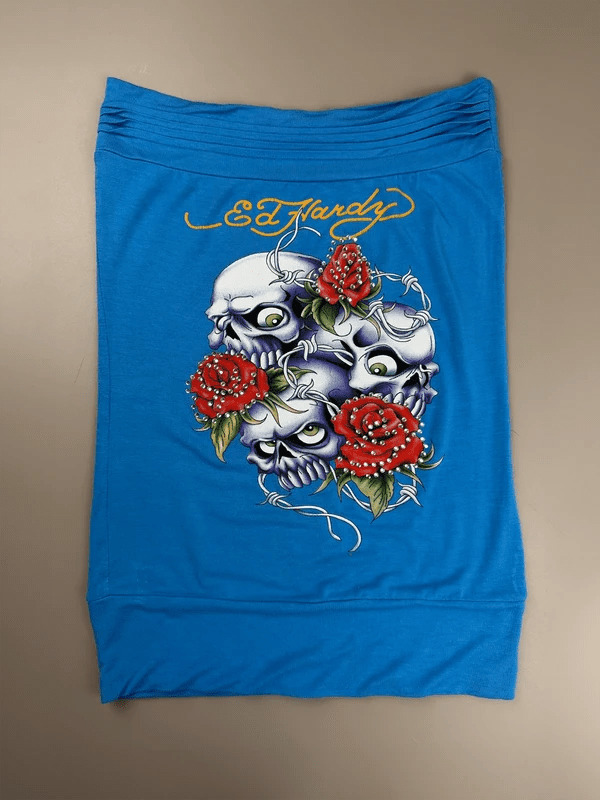 Ed Hardy Archive "Skull & Roses" Rhinestone Tube Top - Cyan Blue