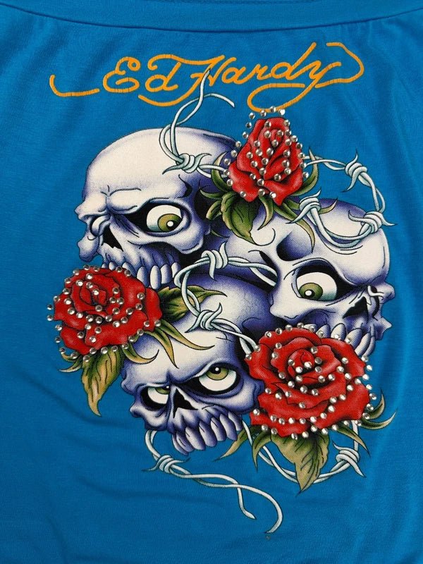 Ed Hardy Archive "Skull & Roses" Rhinestone Tube Top - Cyan Blue - Past Pieces
