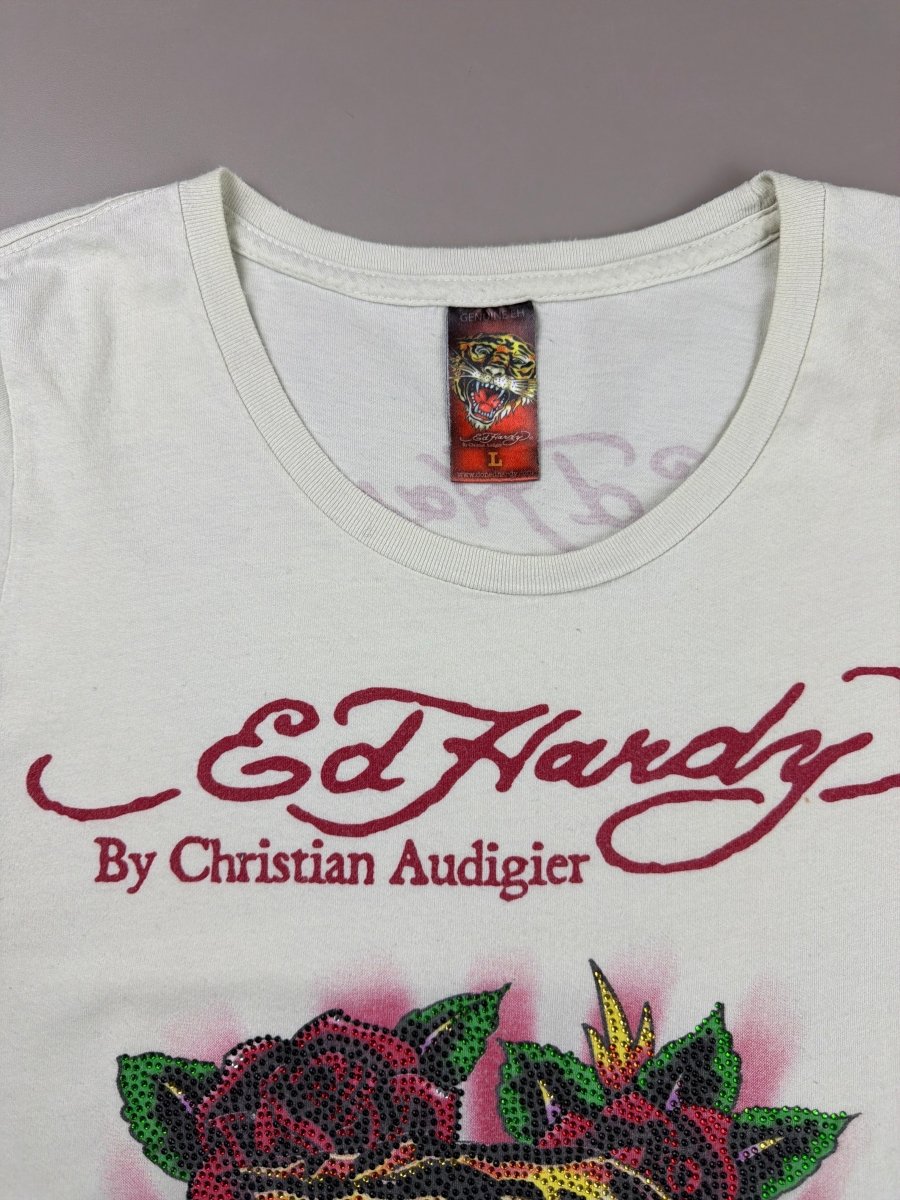 Ed Hardy Archive "Tiger Rose" Strass Tee - Cream - Past Pieces