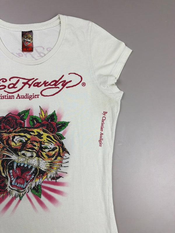 Ed Hardy Archive "Tiger Rose" Strass Tee - Cream