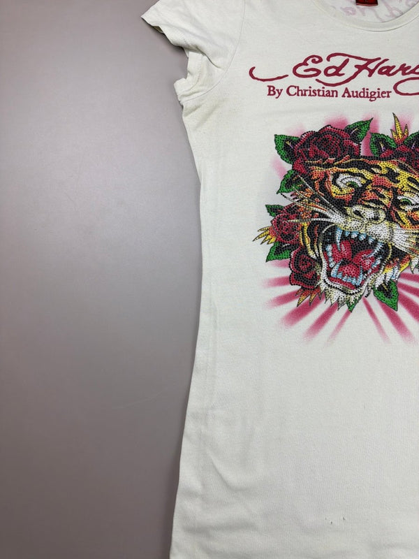 Ed Hardy Archive "Tiger Rose" Strass Tee - Cream
