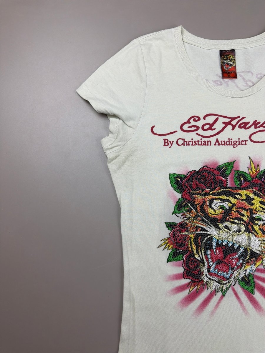 Ed Hardy Archive "Tiger Rose" Strass Tee - Cream - Past Pieces