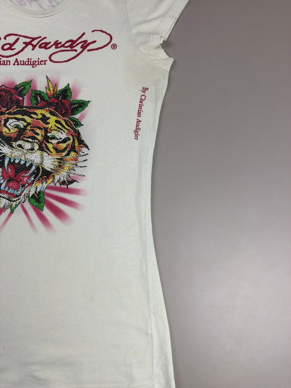 Ed Hardy Archive "Tiger Rose" Strass Tee - Cream