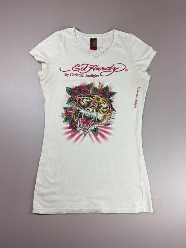 Ed Hardy Archive "Tiger Rose" Strass Tee - Cream