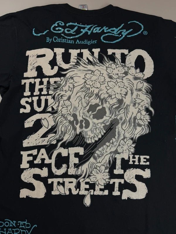 Ed Hardy By Christian Audigier Archive "2 Face The Streets" Flaming Skull T-Shirt - Black - Past Pieces